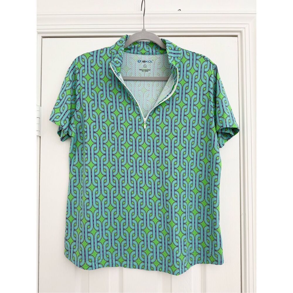 Ibkul Womens Green Blue Andrea Mock Neck Short Sleeve Golf Shirt Size Large